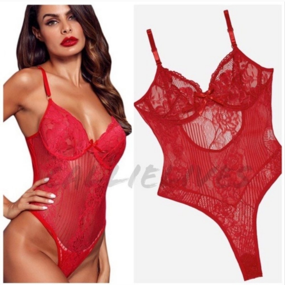 NWT Red Hot Summer Sheer Mesh Lace Under Wire Bra Thong Onesie Teddy Lingerie